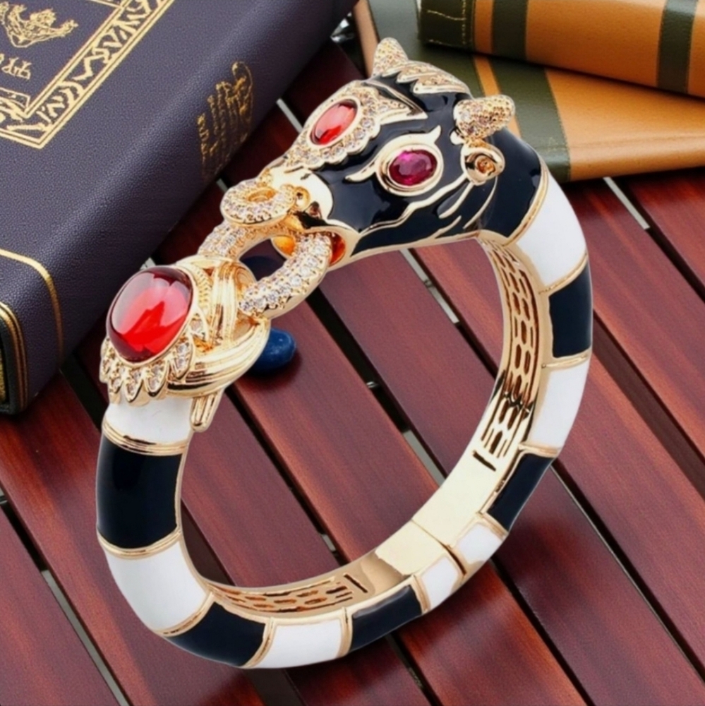 Unique Gold Plated Enamel Bull Doorknocker Cabochon Clamper Bracelet
